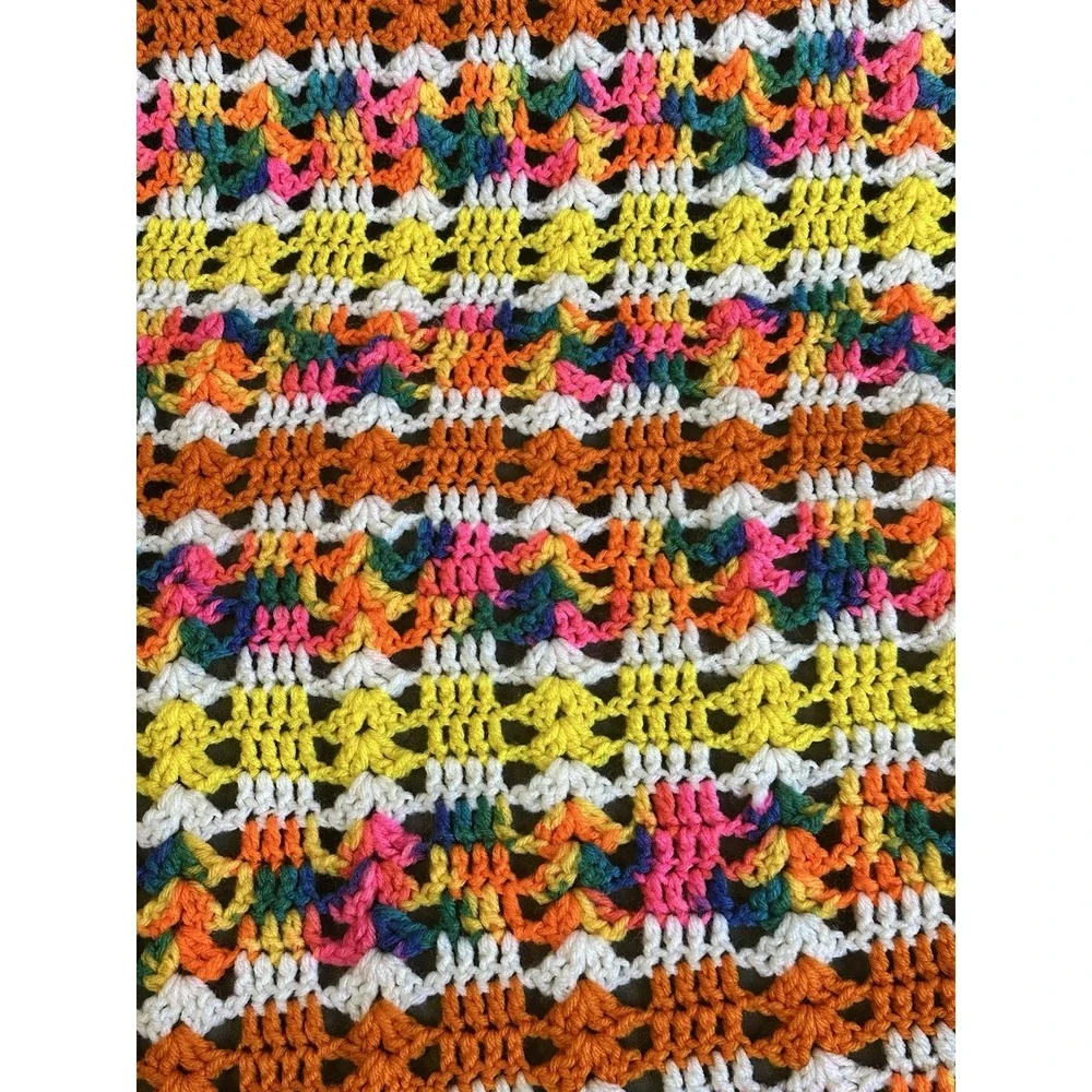 Handmade Crochet‎ Retro Afghan Lap Throw Bright & Colorful Unique Granny Core